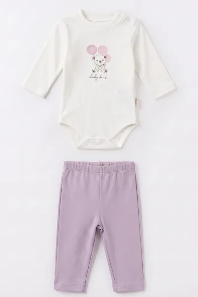 Lila (6-18 Ay) Ayıcık Baskılı İki İplik  3'lü Kız Bebek Takım 492666