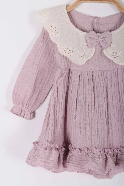 Lila (6-18 Ay) Brode Yakalı Müslin Kız Bebek Elbise 258639