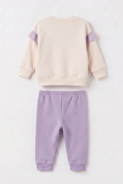 Lila (6-18 Ay)  Fiyonk Baskılı Kol Güpürlü Kız Bebek 2'li Takım 475910