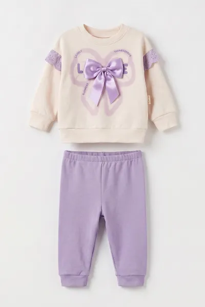 Lila (6-18 Ay)  Fiyonk Baskılı Kol Güpürlü Kız Bebek 2'li Takım 475910