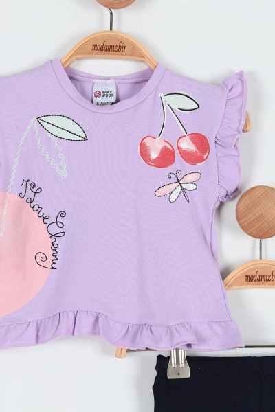 Lila (6-18 Ay) Kiraz Baskılı Kol Fırfırlı Taytlı kız Bebe Takım 190308