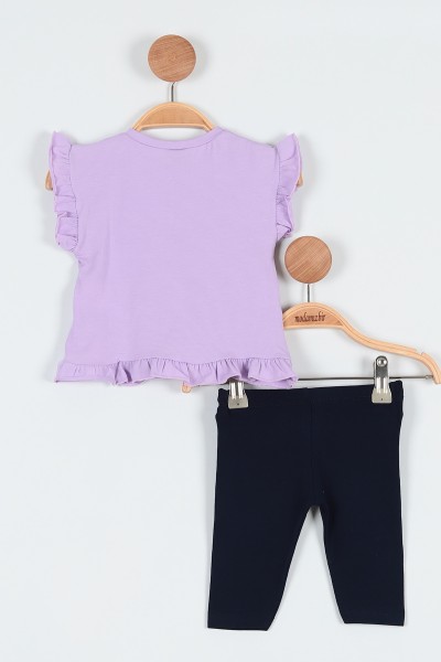 Lila (6-18 Ay) Kiraz Baskılı Kol Fırfırlı Taytlı kız Bebe Takım 190308