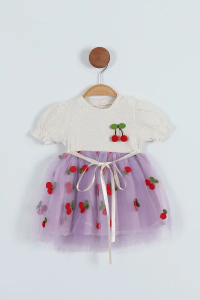 Lila (6-18 Ay) Kiraz Nakışlı İç Astarlı Kız Bebek Elbise 272185