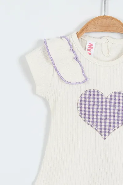 Lila (6-18 Ay)Kalp Nakışlı Ekose Desen Kız Bebek Yazlık Takım 357470