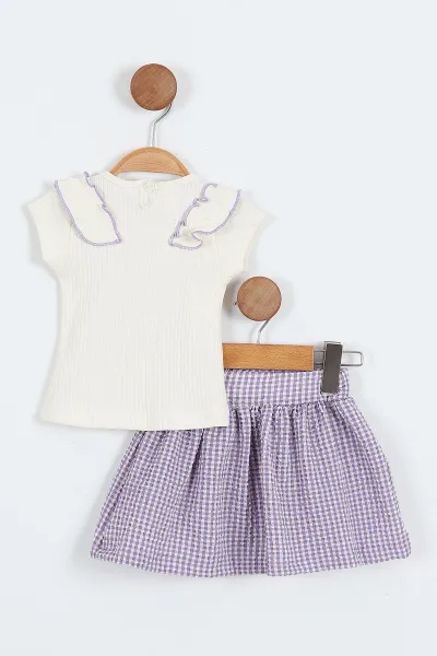 Lila (6-18 Ay)Kalp Nakışlı Ekose Desen Kız Bebek Yazlık Takım 357470