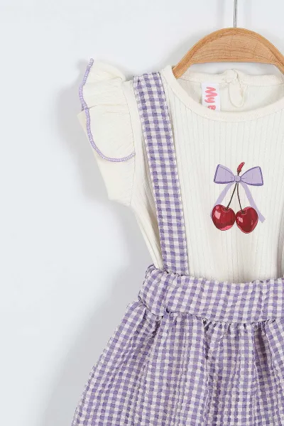 Lila (6-18 Ay)Pötikare Desen Kiraz Baskılı Tişörtlü Kız Bebek Elbise 357463