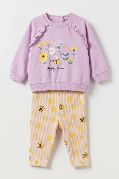 Lila (6-24 Ay) Arı Baskılı  Fitilli Taytlı  2'li Kız Bebek Takım 485473