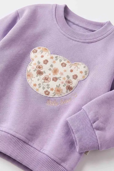 Lila (6-24 Ay) Ayıcık Kafası Nakışlı 3 İp Şardonlu Kız Bebek Kışlık Takım 499496