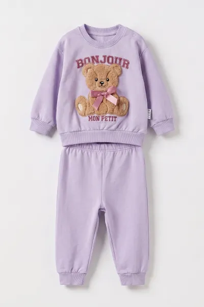Lila (6-24 Ay) Ayıcık Nakışlı Kurdelalı Kız Bebek 2'li Takım 478679