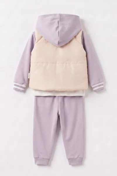 Lila (6-24 Ay) Badili Tavşan Nakışlı Kapüşonlu  Yağmurluklu Kız Bebek 3'lü Takım 471646