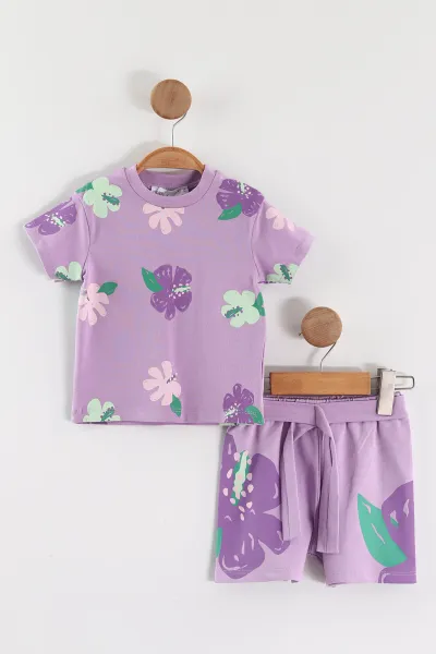 Lila (6-24 Ay) Baskılı Tişörtlü Kemerli Şortlu Kız Bebek Yazlık Takım 467663