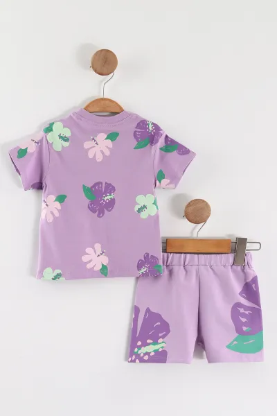Lila (6-24 Ay) Baskılı Tişörtlü Kemerli Şortlu Kız Bebek Yazlık Takım 467663