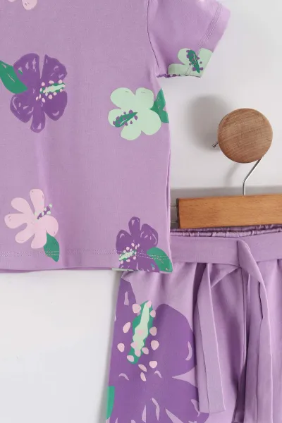 Lila (6-24 Ay) Baskılı Tişörtlü Kemerli Şortlu Kız Bebek Yazlık Takım 467663