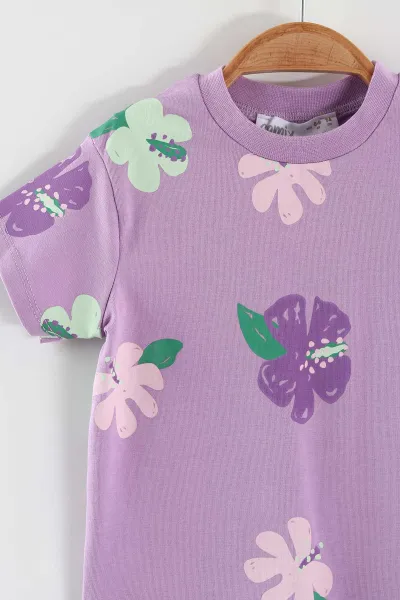 Lila (6-24 Ay) Baskılı Tişörtlü Kemerli Şortlu Kız Bebek Yazlık Takım 467663