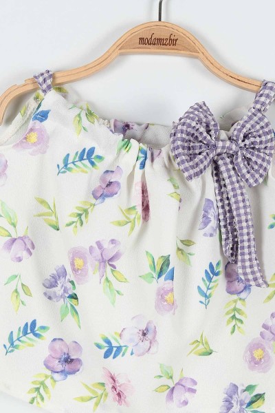 Lila (6-24 Ay) Çiçek Baskılı Fiyonklu Askılı Şortlu Kız Bebe Takım 184458
