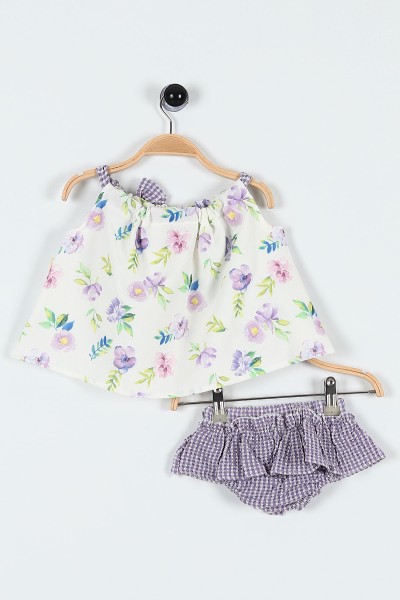 Lila (6-24 Ay) Çiçek Baskılı Fiyonklu Askılı Şortlu Kız Bebe Takım 184458