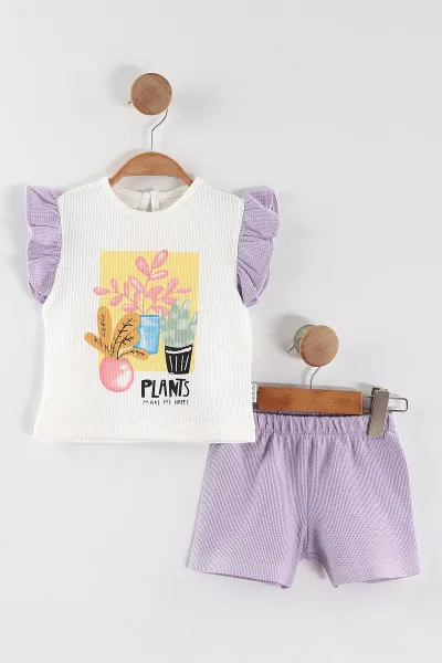 Lila (6-24 Ay) Çiçek Baskılı Koldan Fırfırlı Waffle Kız  Bebek Yazlık Takım 440638