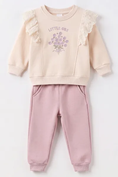 Lila (6-24 Ay) Çiçek Nakışlı Fırfırlı Dantelli  3 İp Kız Bebek Kışlık Takım 493656