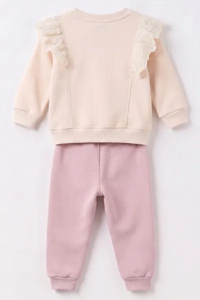 Lila (6-24 Ay) Çiçek Nakışlı Fırfırlı Dantelli  3 İp Kız Bebek Kışlık Takım 493656
