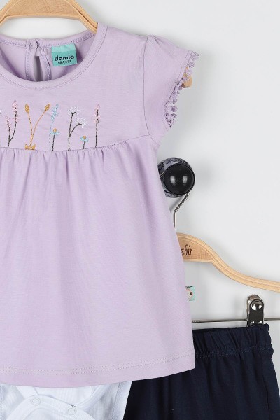 Lila (6-24 Ay) Çiçek Nakışlı Kol Dantelli Şortlu Zıbınlı 3'lü Kız Bebe Takım 170793