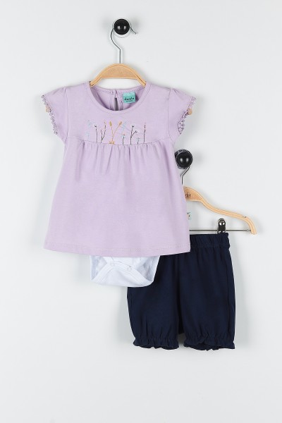 Lila (6-24 Ay) Çiçek Nakışlı Kol Dantelli Şortlu Zıbınlı 3'lü Kız Bebe Takım 170793