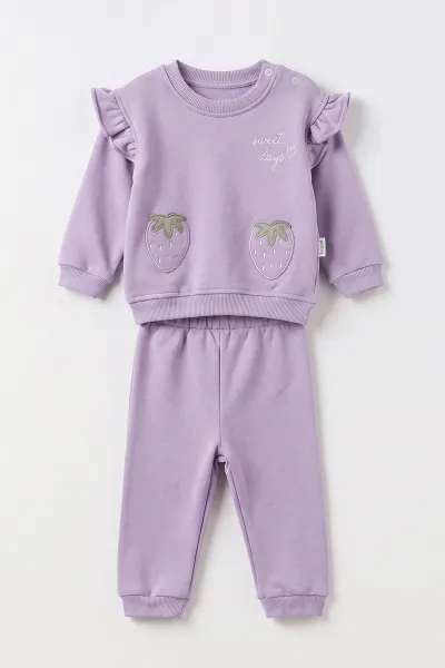 Lila (6-24 Ay) Çilek Nakışlı Omuzdan Fırfırlı  3 İp Şardonlu Kız Bebek Kışlık Takım 499393