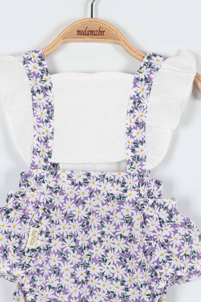 Lila (6-24 Ay) Fırfırlı Çiçek Baskılı Askılı Şortlu Kız Bebe Romper 184460
