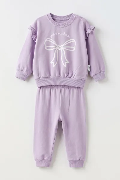 Lila (6-24 Ay) Fiyonk Baskılı Fırfırlı Kız Bebek 2'li Takım 478531