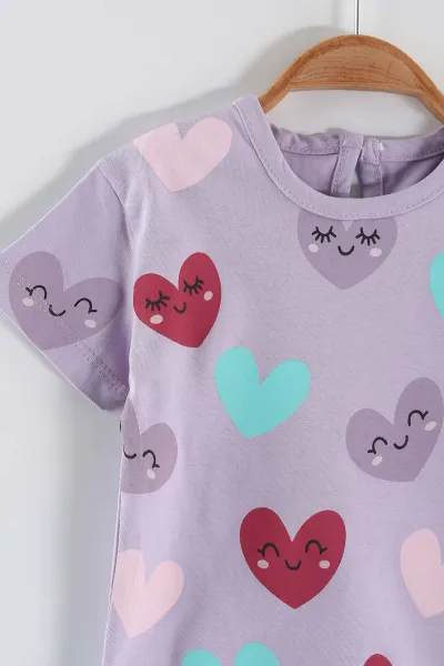 Lila (6-24 Ay) Kalp Baskılı Tişört ve Şortlu Kız Bebek Yazlık Takım 467641