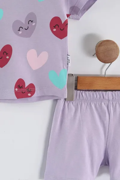 Lila (6-24 Ay) Kalp Baskılı Tişört ve Şortlu Kız Bebek Yazlık Takım 467641