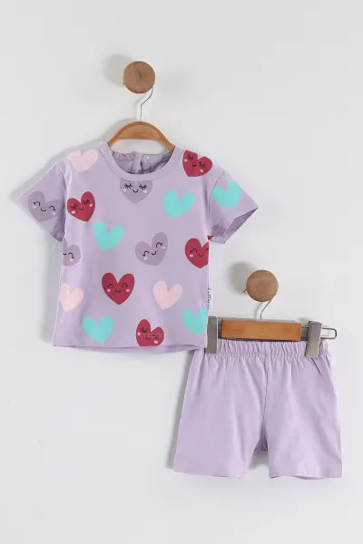 Lila (6-24 Ay) Kalp Baskılı Tişört ve Şortlu Kız Bebek Yazlık Takım 467641