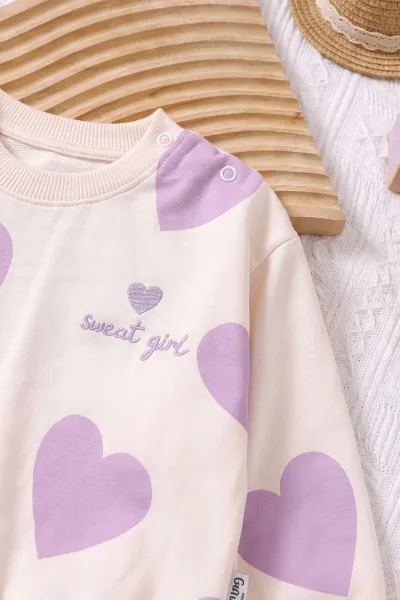 Lila (6-24 Ay) Kalp Desenli Nakışlı Fitilli Taytlı Kız Bebek Takım 478673