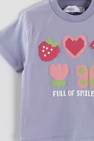 Lila (6-24 Ay)    Kalp Kabartma Baskılı Tişörtlü  Şortlu Kız Bebek Yazlık Takım 440309