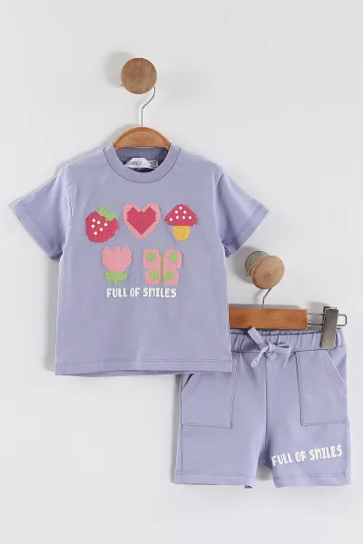 Lila (6-24 Ay)    Kalp Kabartma Baskılı Tişörtlü  Şortlu Kız Bebek Yazlık Takım 440309