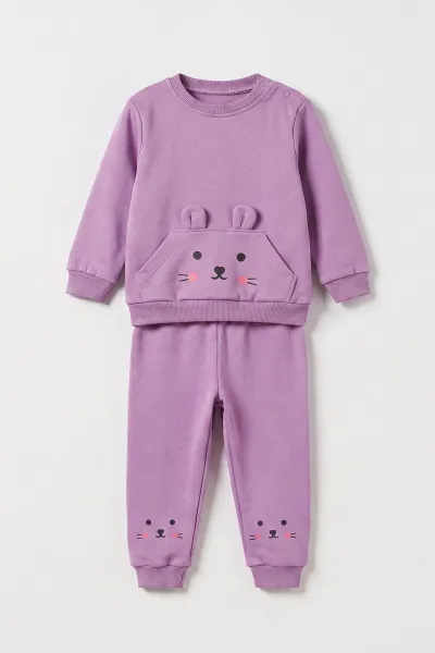 Lila (6-24 Ay) Kedi Desenli Kulaklı  Penye Kız Bebek Takım 485396