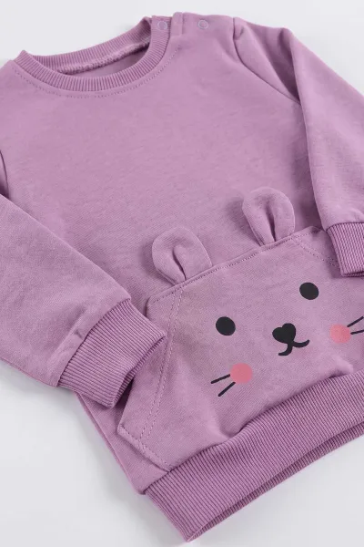 Lila (6-24 Ay) Kedi Desenli Kulaklı  Penye Kız Bebek Takım 485396
