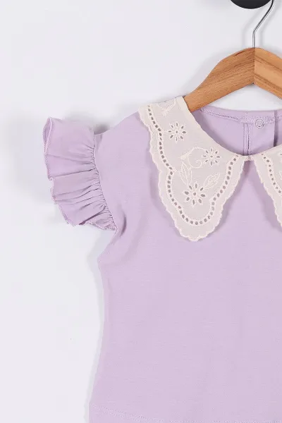 Lila (6-24 Ay) Kol Fırfırlı Brode Yaka Kız Bebek Takım 266153