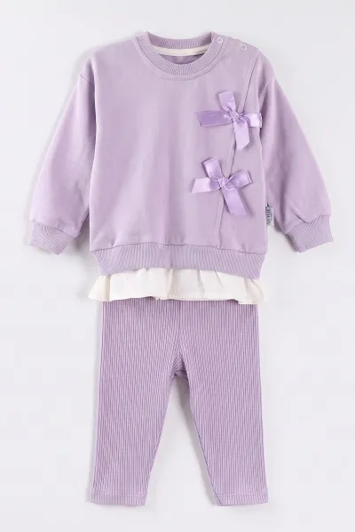Lila (6-24 Ay) Kurdelalı Alt Fitilli Taytlı Kız Bebek 2'li Takım 478537