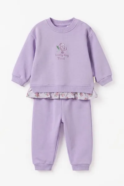 Lila (6-24 Ay) Müslin Fırfırlı  Gül Nakışlı 3 İp Şardonlu Kız Bebek Kışlık Takım 499709
