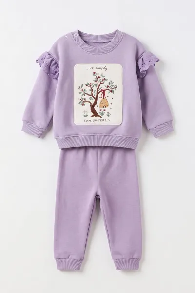 Lila (6-24 Ay) Nakışlı Omuzdan Güpürlü İçi Şardonlu Kız Bebek Kışlık Takım 497058