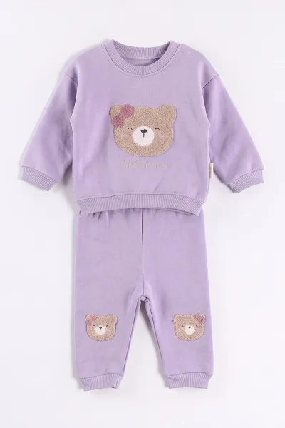 Lila (6-24 Ay) Sğzene Ayıcık Nakışlı 3 İp Şardonlu Kız Bebek Kışlık Takım 499771