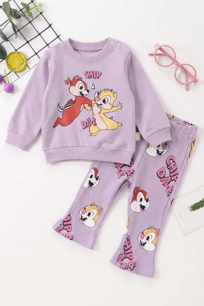 Lila (6-24 Ay) Sincap Baskılı Sweat ve Fitilli İspanyol Paça  Taytlı   Kız Bebek 2'li  Takım 472656