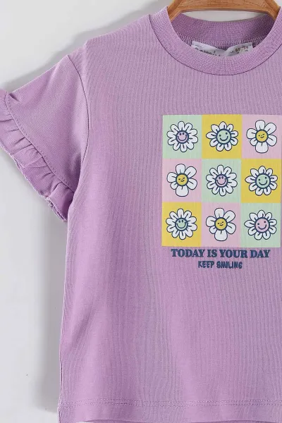 Lila (6-24 Ay) Smile Papatya Baskılı Fırfırlı Tişörtlü ve Şortlu Süprem Kız Bebek 2'li Takım 461654