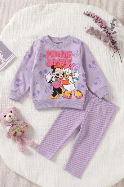 Lila (6-24 Ay) Süzene Karakter Nakışlı  Sweat ve Fitilli   Taytlı   Kız Bebek 2'li  Takım 472660