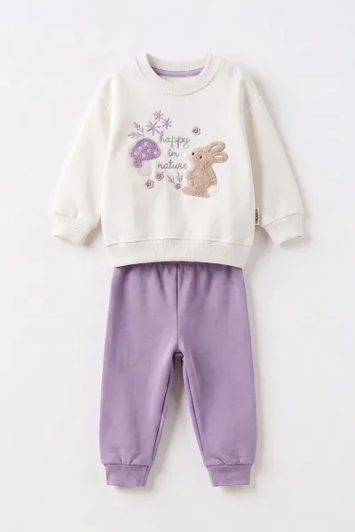 Lila (6-24 Ay) Süzene Mantar ve Tavşan Nakışlı  3 İp Şardonlu Kız Bebek 2'li Takım 499444
