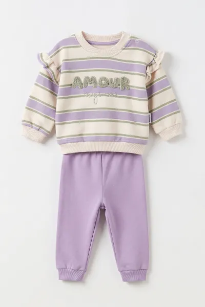 Lila (6-24 Ay) Süzene Nakışlı  İçi Şardonlu Kız Bebek Kışlık Takım 497065