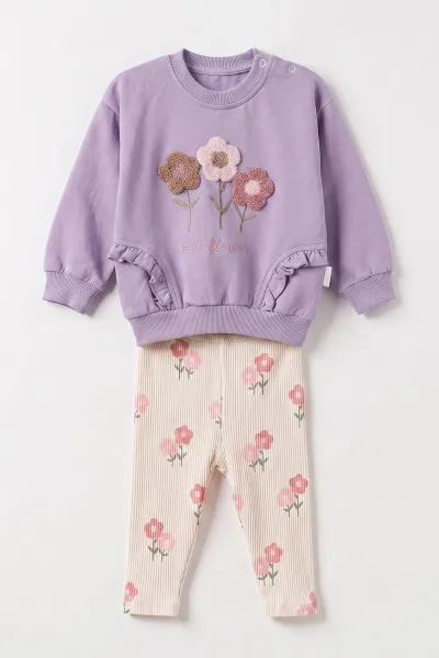 Lila (6-24 Ay) Süzene Papatya Nakışlı Fitilli Taytlı Kız Bebek Takım 478671