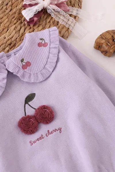 Lila (6-24 Ay) Vişne Yakalı Kiraz Nakışlı   Fitilli Taytlı Kız Bebek Takım 478676