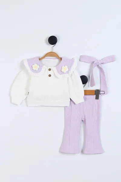Lila (6-24 Ay) Waffle Kumaş Yaka Papatya Figürlü Bandana  Figürlü Kız Bebek Takım 339625