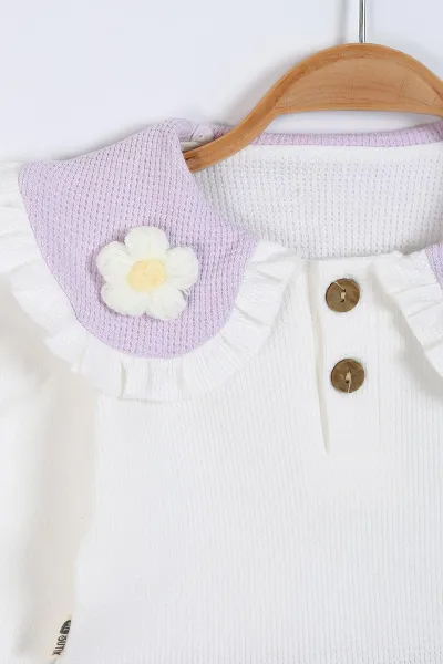 Lila (6-24 Ay) Waffle Kumaş Yaka Papatya Figürlü Bandana  Figürlü Kız Bebek Takım 339625